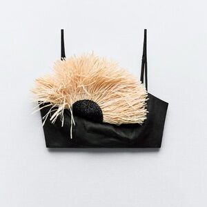 FLORAL RAFFIA LINEN TOP Stylish Black and Cream Crop Top wow